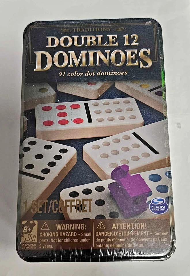 Brand New Sealed SPIN MASTER Official Double 12 Dominoes Tin Set