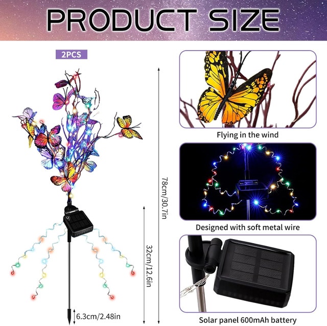 NEW Butterfly Solar Lights Outdoor Garden, 2pk, IP65 Waterproof - photo 3