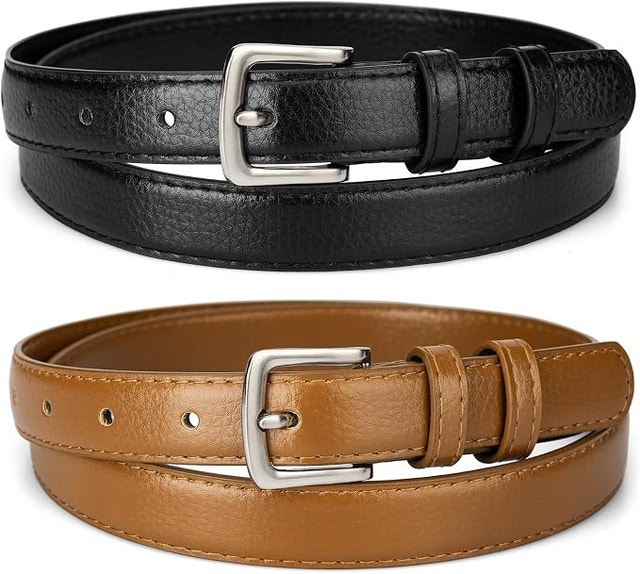 NEW Maikun 2 Pk Black & Tan Women's Belts, Skinny Pin Buckle