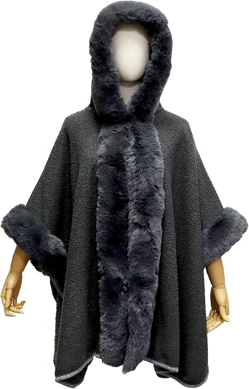 NEW Hooded Cloak Faux Rabbit Fur Cape Coat Cardigan Poncho Grey