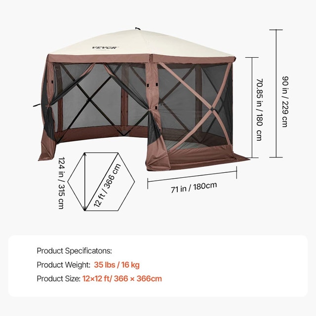 NEW Camping Gazebo Tent, 12'x12', 6 Sided Pop-up Canopy Screen - photo 3