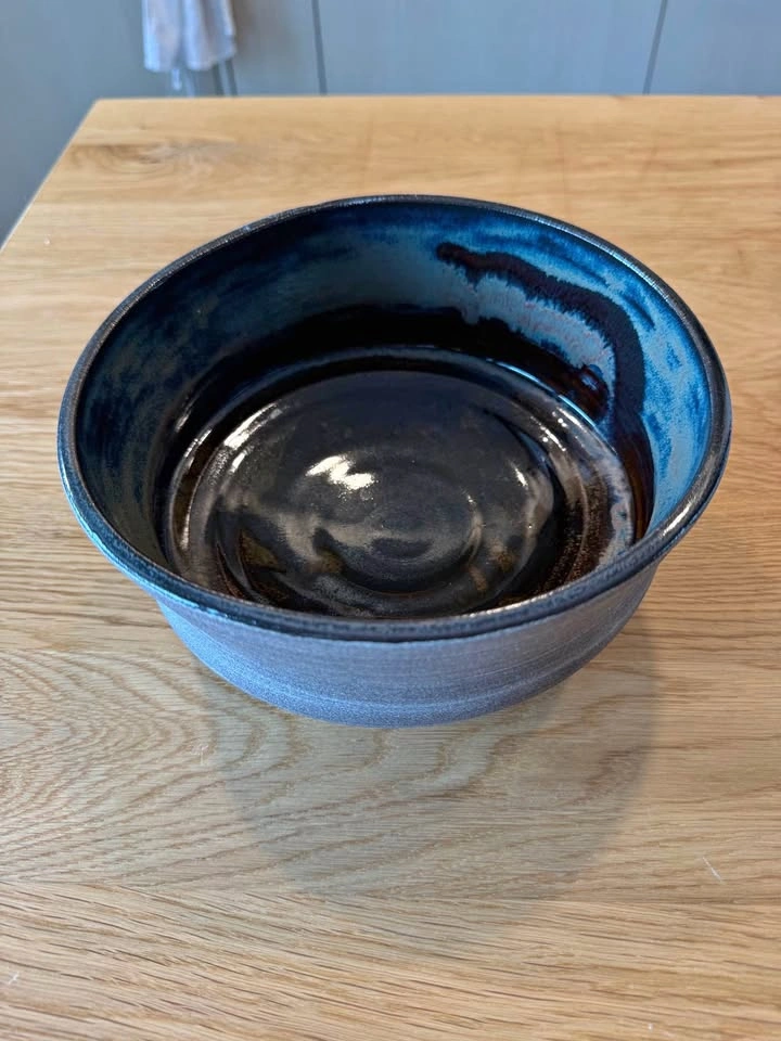 Hand-Glazed Stoneware Bowl with Blue and Black Reactive Glaze