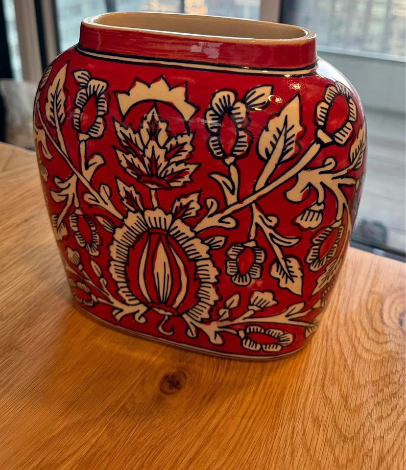 Giraffe Figurine and Red Floral Ceramic Vase
