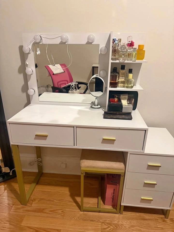 White Vanity Set with Mirror and Storage Cabinets
