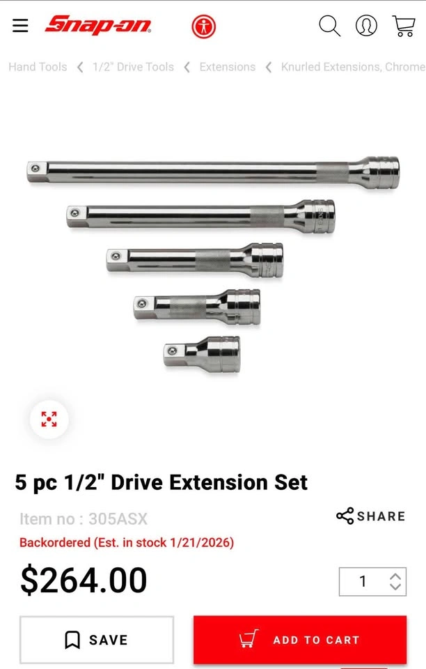 Snap-On 1/2 inch drive extension set NEW - photo 3