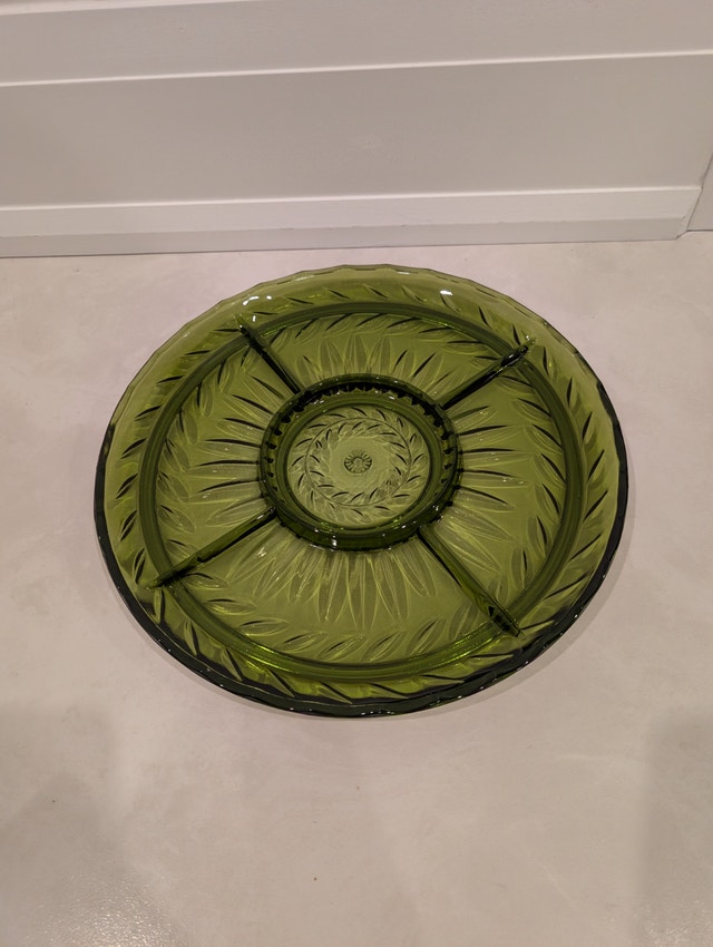 Vintage Indiana Glass Avocado Green Divided Relish Tray Platter