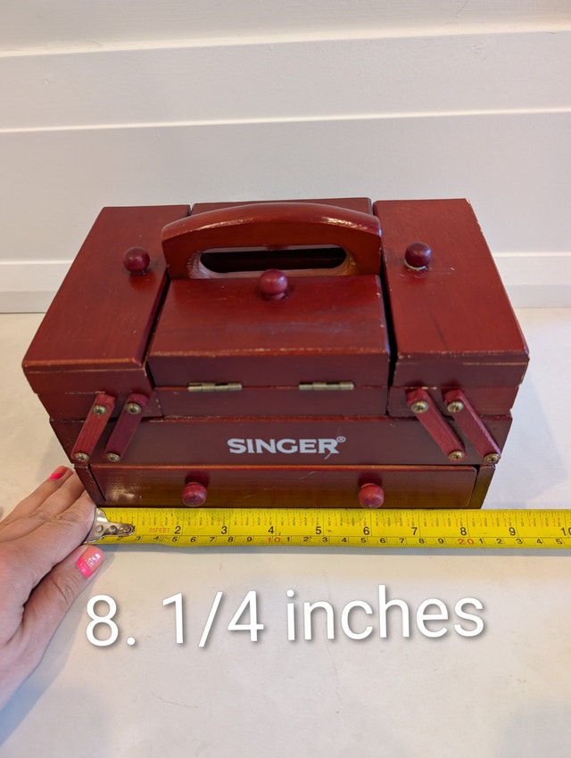 Vtg Singer Sewing Box Accordion Fold Out Wooden Caddy and Thread - photo 2