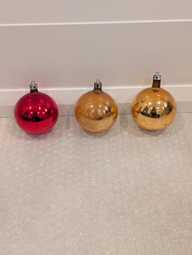 3 Red & Gold Vintage Polish Mercury Glass Round Ornament