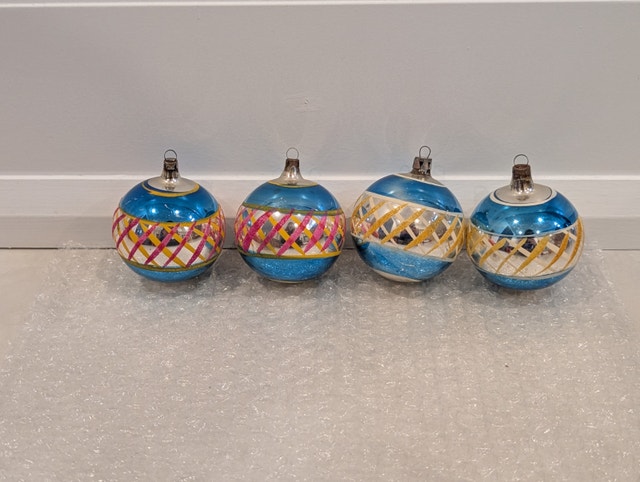 4 Vintage Polish Blue & Multi-Color Lattice Glass Ornaments