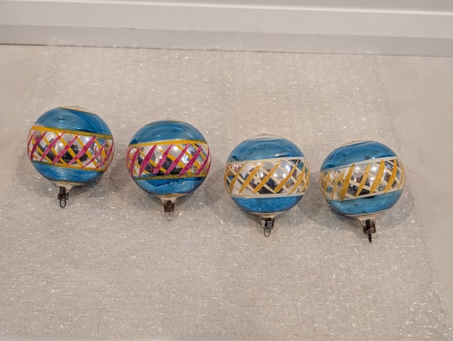 4 Vintage Polish Blue & Multi-Color Lattice Glass Ornaments - photo 5