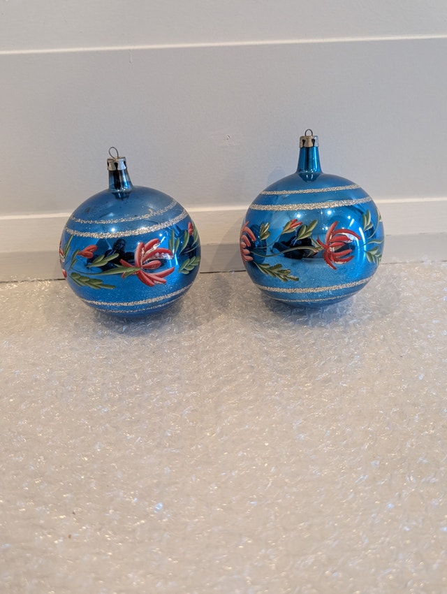 2 Blue Floral Large Mercury Glass Ornaments Made in Poland