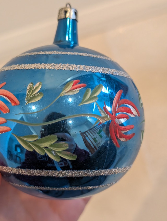 2 Blue Floral Large Mercury Glass Ornaments Made in Poland - photo 5