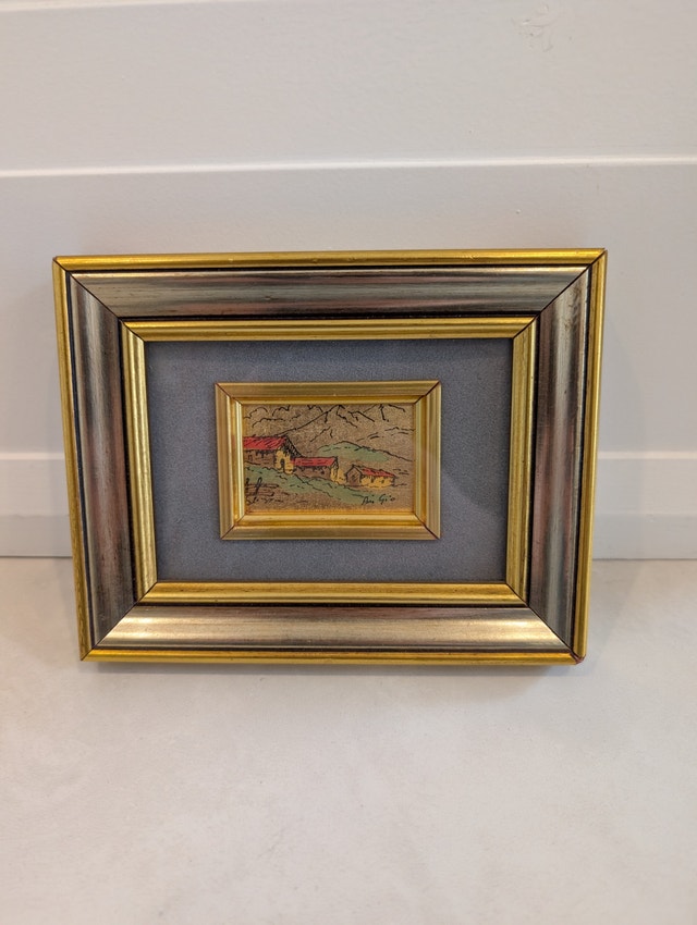 Vintage Italian Miniature: Alpine Village on Gold Foil