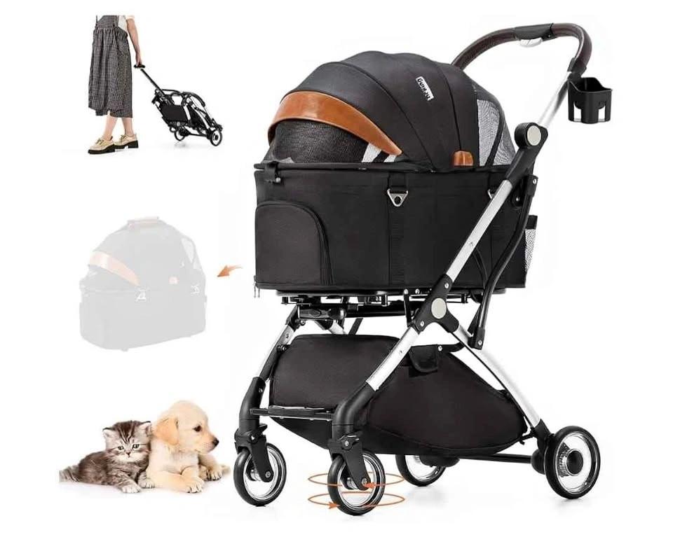 3-in-1 Pet Stroller with Detachable Carrier - Foldable, Black 4-