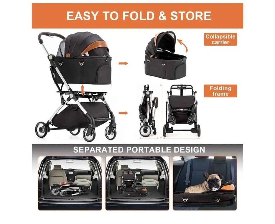 3-in-1 Pet Stroller with Detachable Carrier - Foldable, Black 4- - photo 3