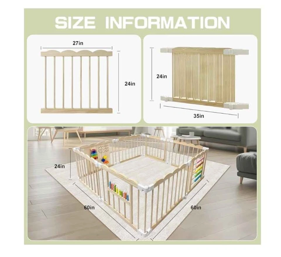 Baby Playpen, 60x60x24 Inch Adjustable Wooden Activity Centre - photo 2
