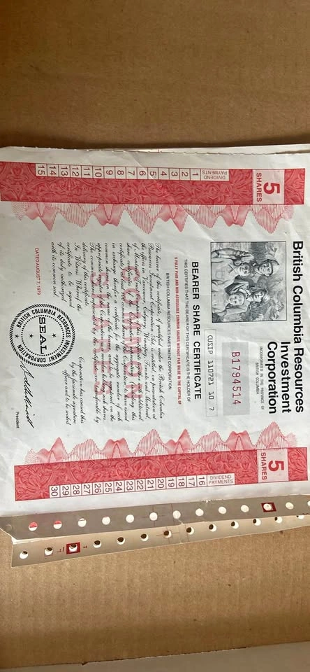 4 British Columbia Resources Investment Corporation Share Certif