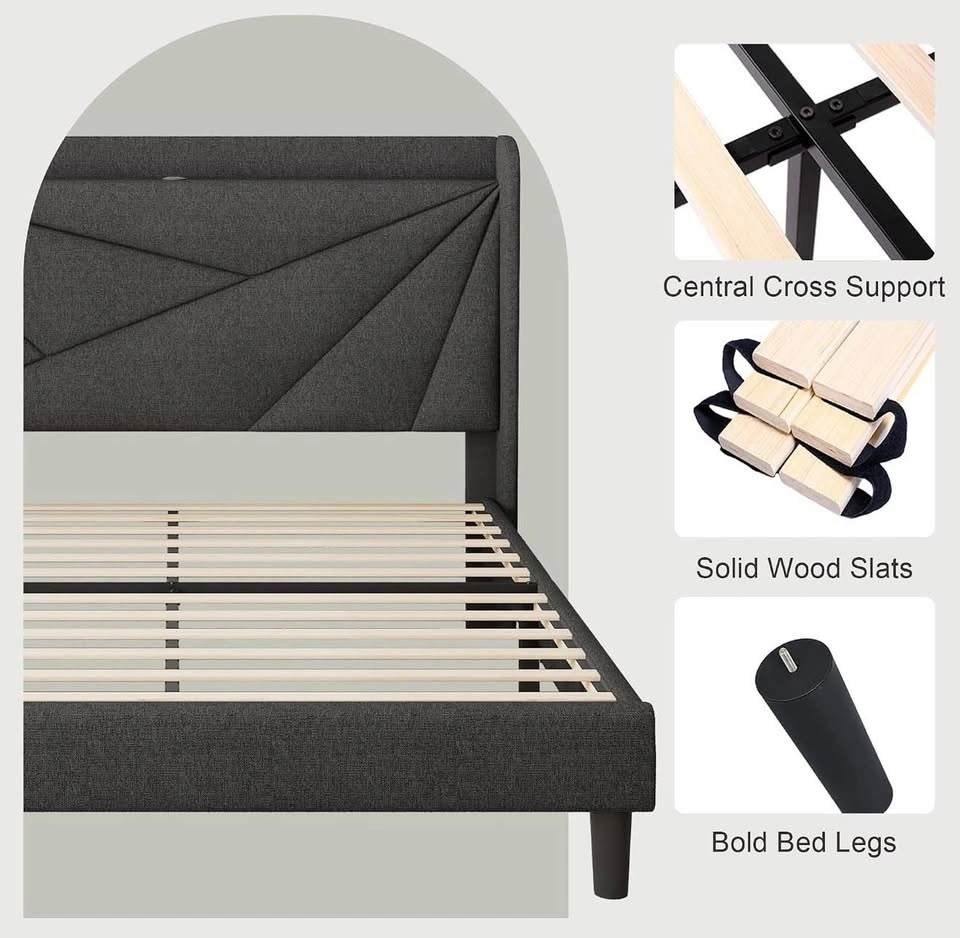 Queen Size Bed Frame - Upholstered Linen Bedframe with Headboard - photo 2