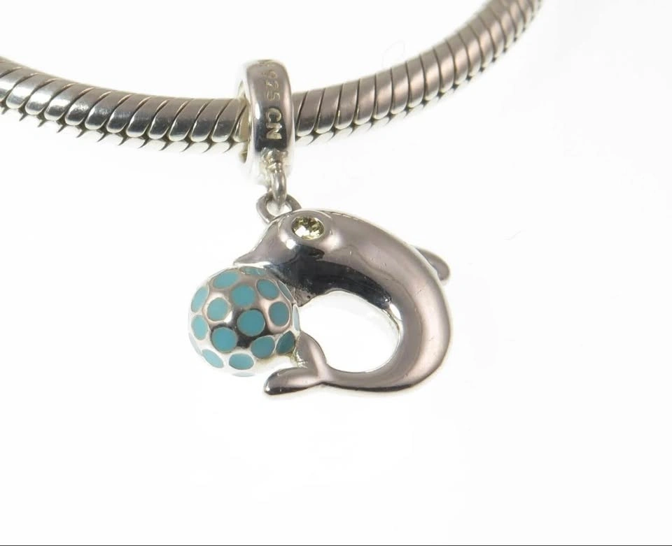Pandora 925 Sterling Silver Dolphin with Blue Enamel Ball Dangle - photo 2