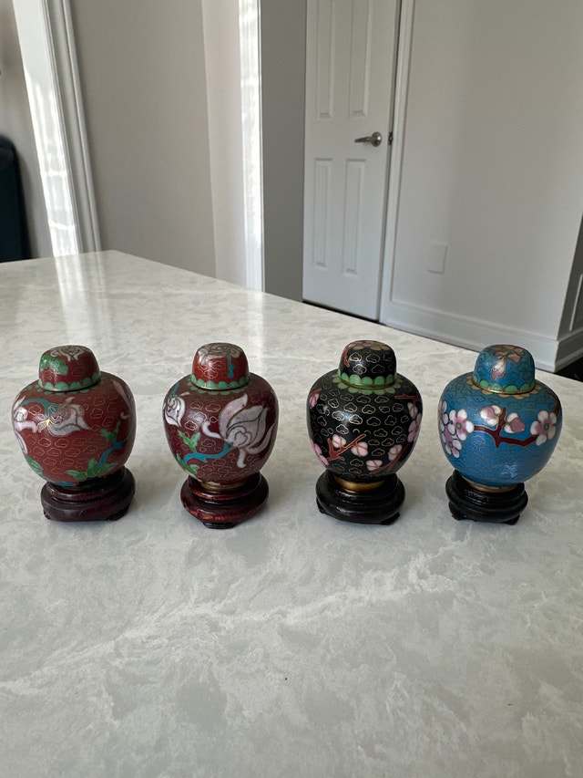Vintage Chinese miniature cloisonné ginger jars. Set of four.