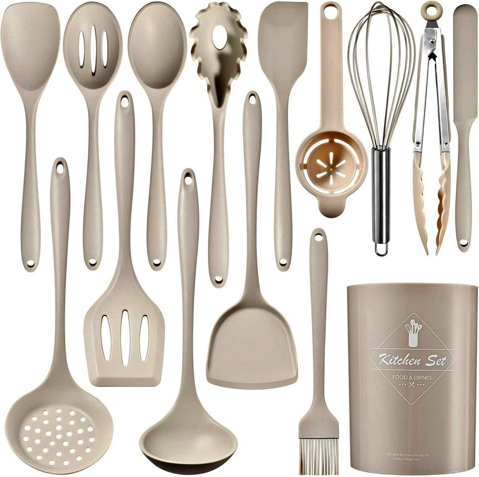 15-Piece Silicone Kitchen Utensil Set - Khaki
