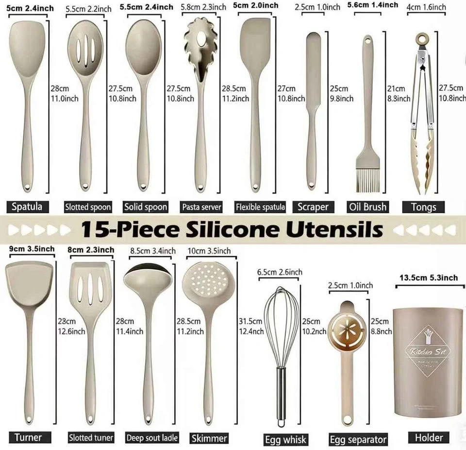 15-Piece Silicone Kitchen Utensil Set - Khaki - photo 2