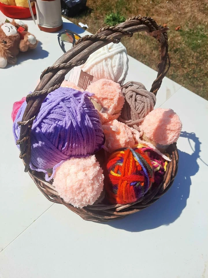 Assorted Yarn Lot with Wicker Basket