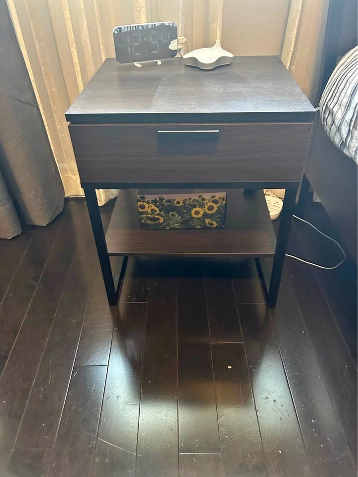 Modern Dark Wood Nightstand with Drawer and Shelf