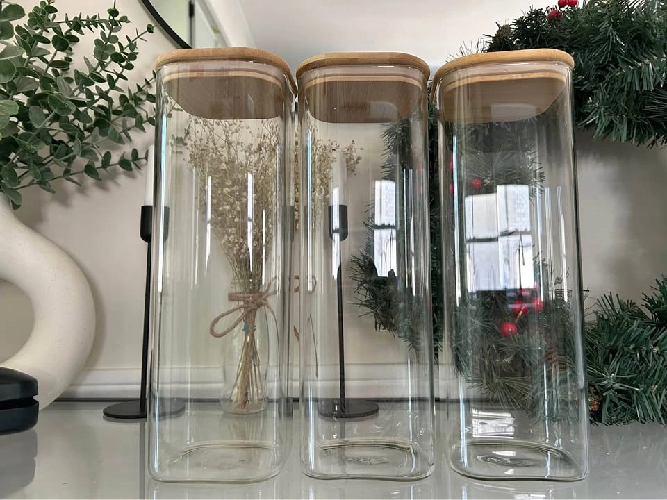 Set of 3 Tall Glass Canisters with Bamboo Lids