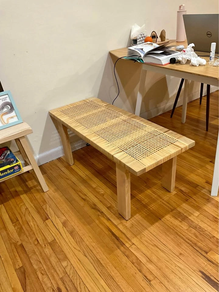 Japandi Woven Rattan Entryway Bench with Ash Wood Legs