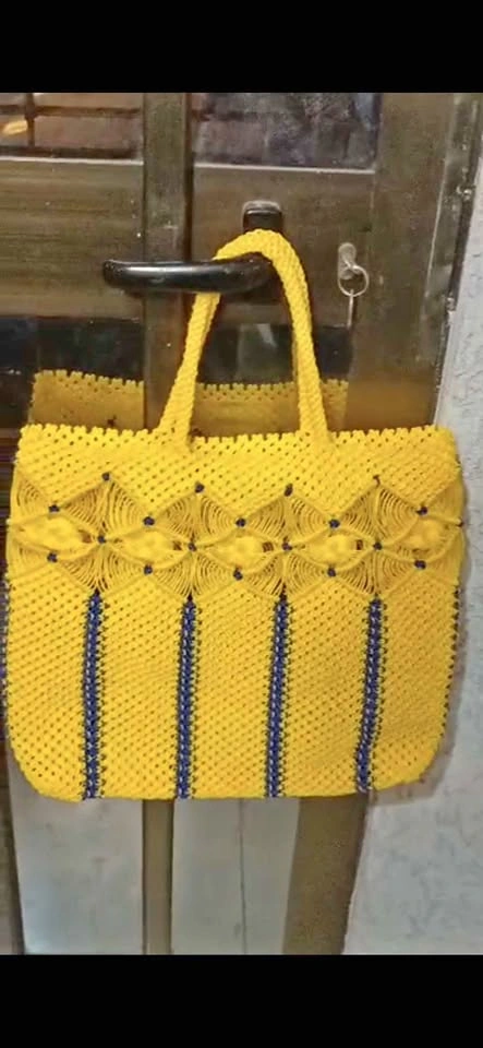 Handmade Woven Tote Bag - Yellow with Decorative Pattern