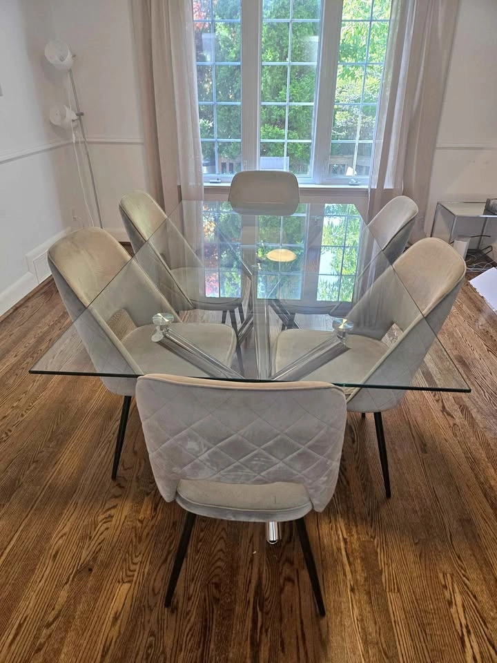 Modern Glass Dining Table with 6 Grey Velvet Chairs