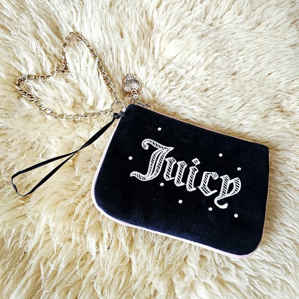 Juicy Couture Velour Wristlet Clutch Bag Pouch Pink Black