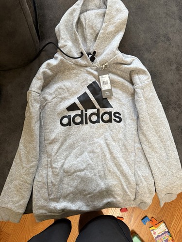 adidas Women’s Gray Logo Graphic Pullover Hoodie Fleece Drawstri
