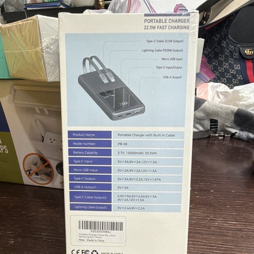 PB-08 15000mAh PD 22.5W Power Bank w/ Built-In Cables, USB-C - photo 2