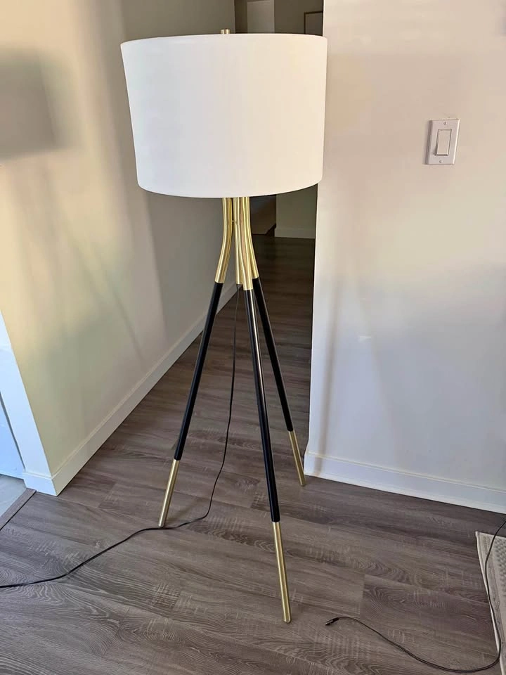 Mid-Century Modern Gold and Black Tripod Floor Lamp