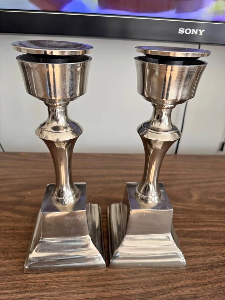Pair of Silver Metal Pedestal Candlesticks 12 inches tall