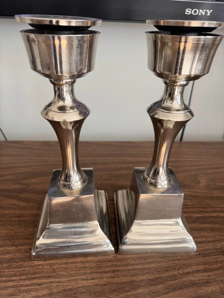 Pair of Silver Metal Pedestal Candlesticks 12 inches tall - photo 2
