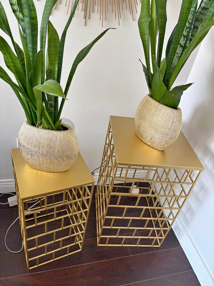 Set of 2 Gold Metal Geometric Plant Stands