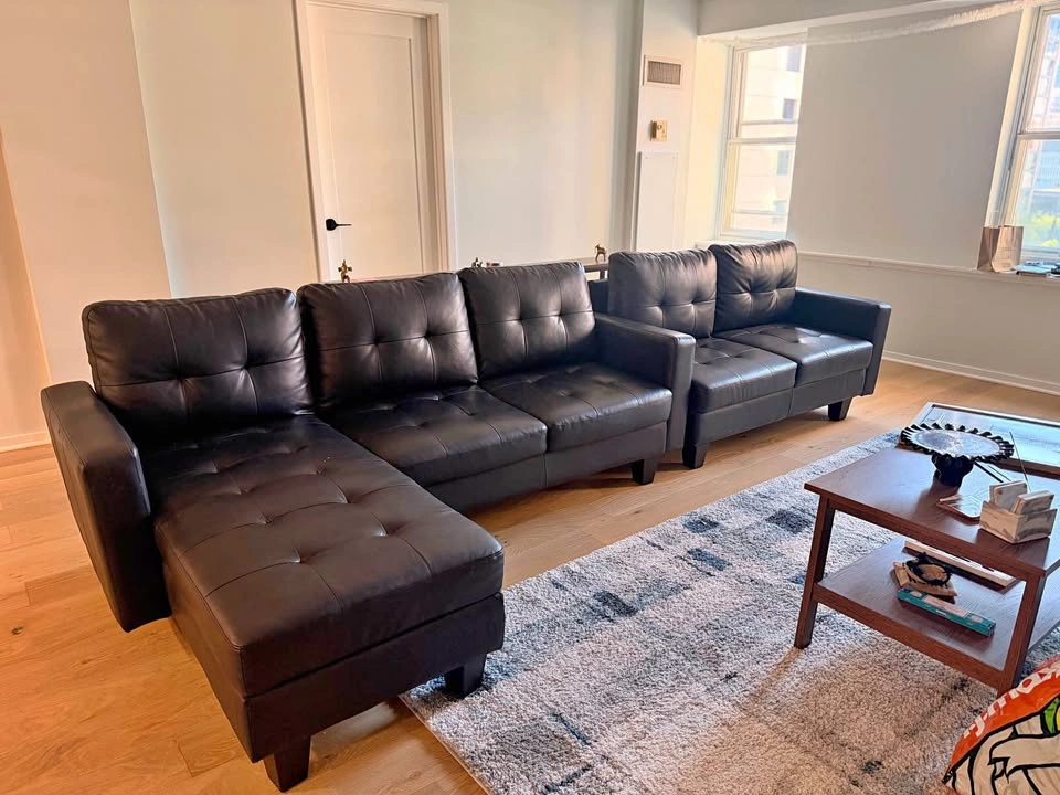 MOVING: Black Leather Couch w/ Ottoman