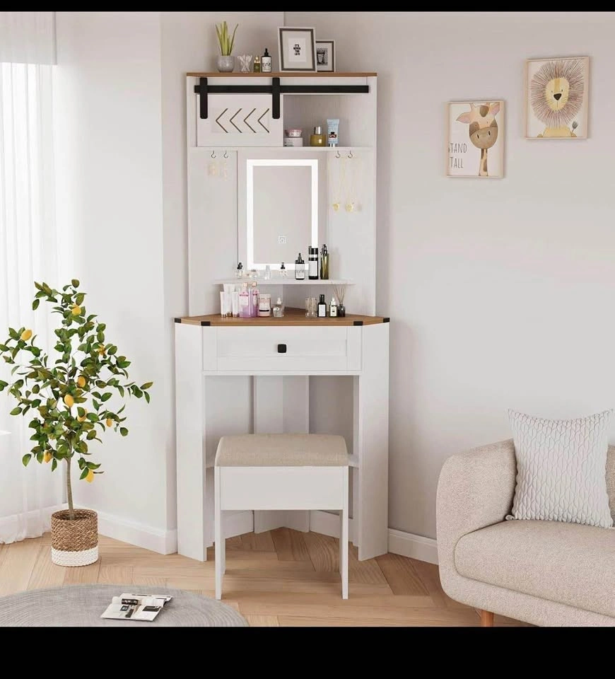 Corner Vanity Table with Dimmable Mirror and Stool