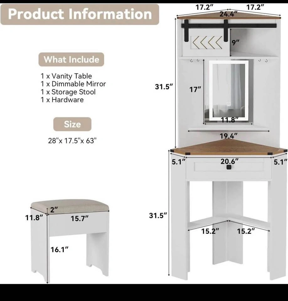 Corner Vanity Table with Dimmable Mirror and Stool - photo 3