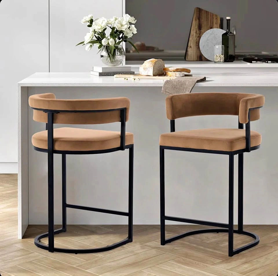 Counter Stools Set of 2 – Taupe Velvet Barrel Back - Assembled
