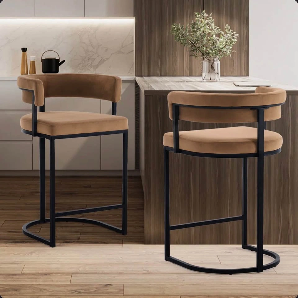 Counter Stools Set of 2 – Taupe Velvet Barrel Back - Assembled - photo 2