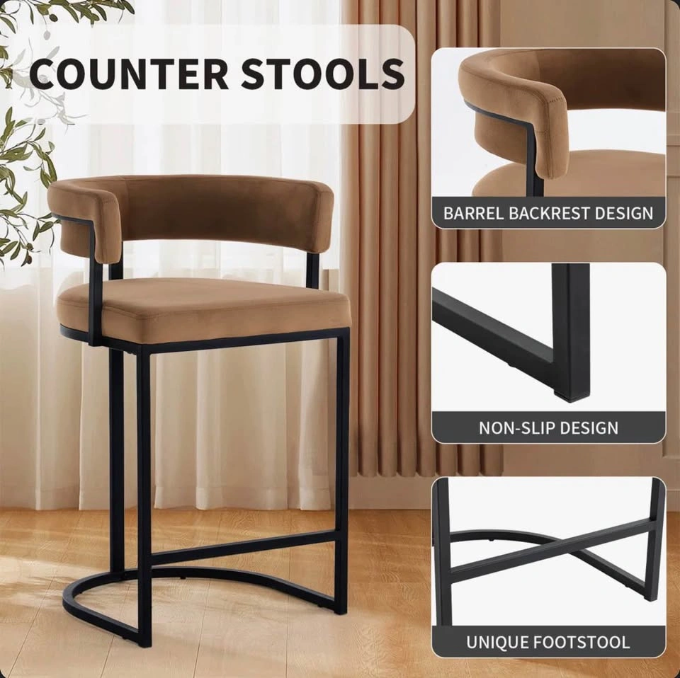 Counter Stools Set of 2 – Taupe Velvet Barrel Back - Assembled - photo 5