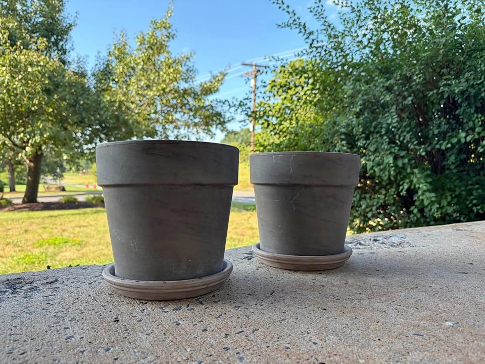 2 Grey Terracotta German Pots with Saucers