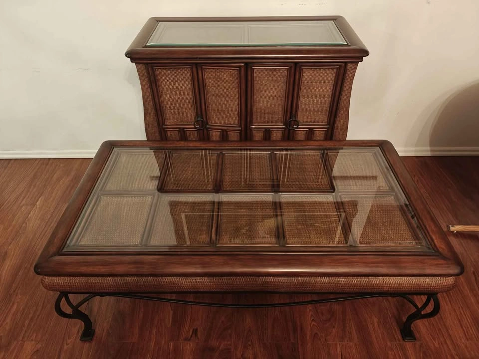 Living Room Bundle: Wicker & Glass Cabinet + Coffee Table