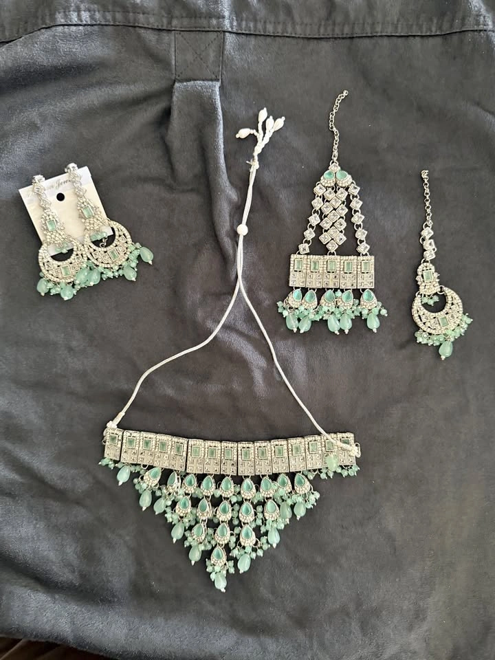 Bridal Jewelry Set | Silver & Mint Green | Necklace + Earrings - photo 2
