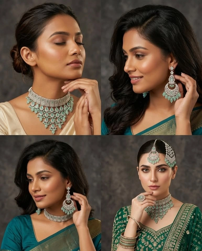 Bridal Jewelry Set | Silver & Mint Green | Necklace + Earrings