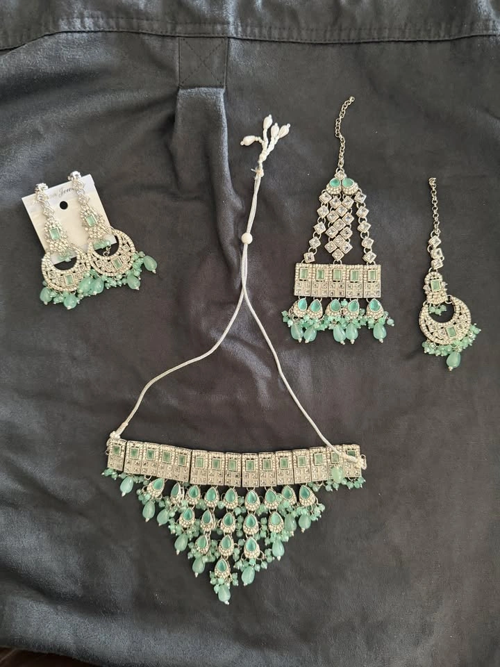 Bridal Jewelry Set | Silver & Mint Green | Necklace + Earrings - photo 3